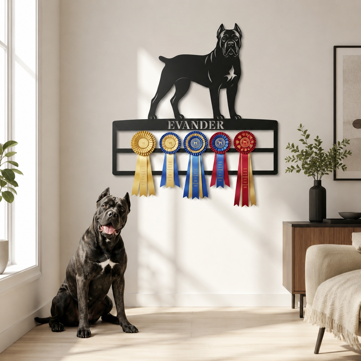 Personalized Cane Corso Rosette Name Metal Sign. Custom Dog Champion Ribbon Display