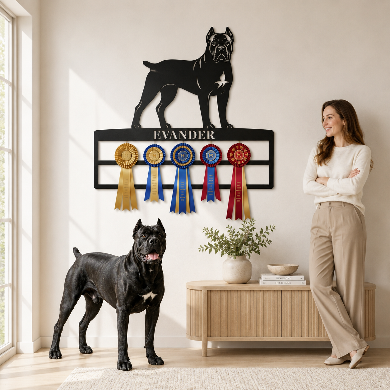 Personalized Cane Corso Rosette Name Metal Sign. Custom Dog Champion Ribbon Display