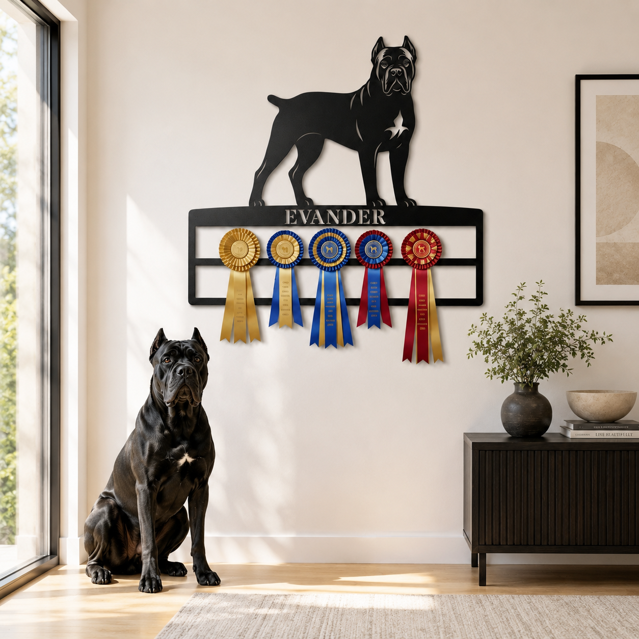 Personalized Cane Corso Rosette Name Metal Sign. Custom Dog Champion Ribbon Display