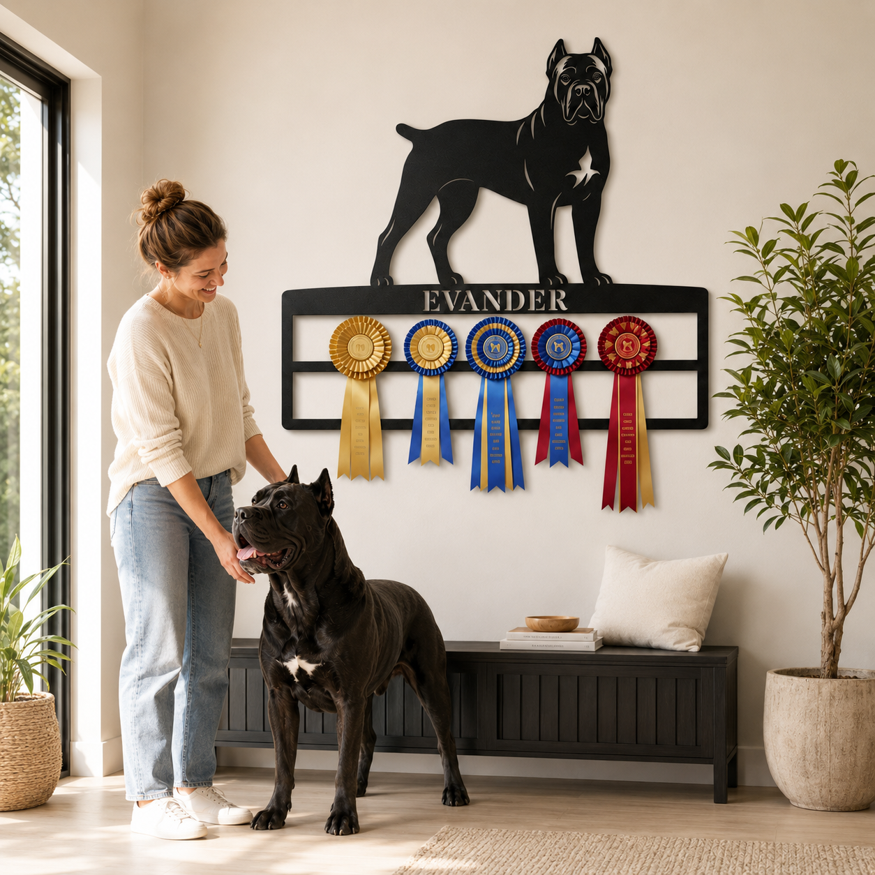 Personalized Cane Corso Rosette Name Metal Sign. Custom Dog Champion Ribbon Display