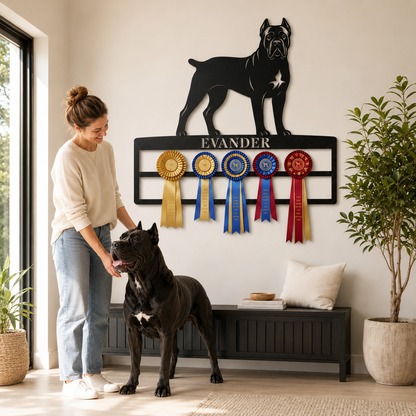 Personalized Cane Corso Rosette Name Metal Sign. Custom Dog Champion Ribbon Display