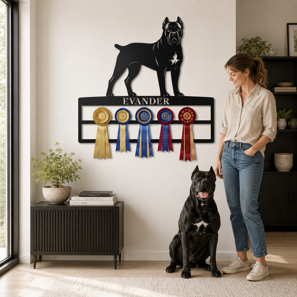 Personalized Cane Corso Rosette Name Metal Sign. Custom Dog Champion Ribbon Display