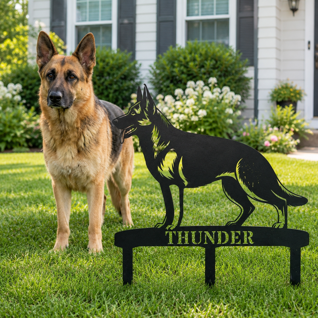 Personalized German Shepherd Garden Metal Sign With Stakes. Custom Dog Name Gift