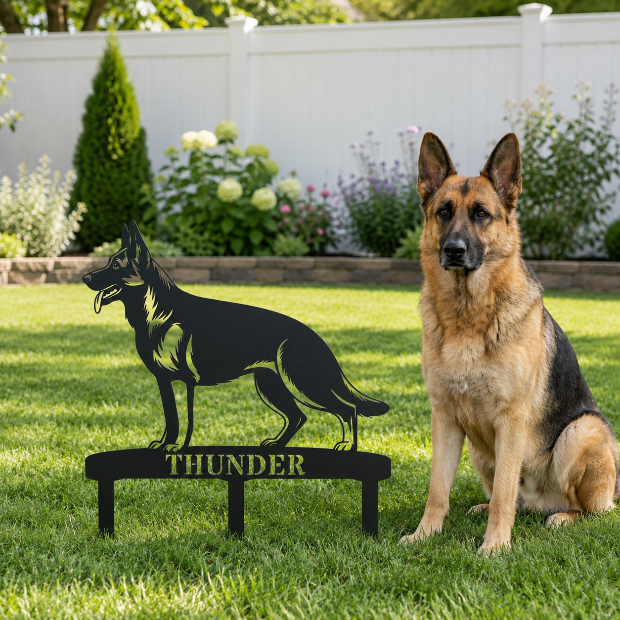 Personalized German Shepherd Garden Metal Sign With Stakes. Custom Dog Name Gift