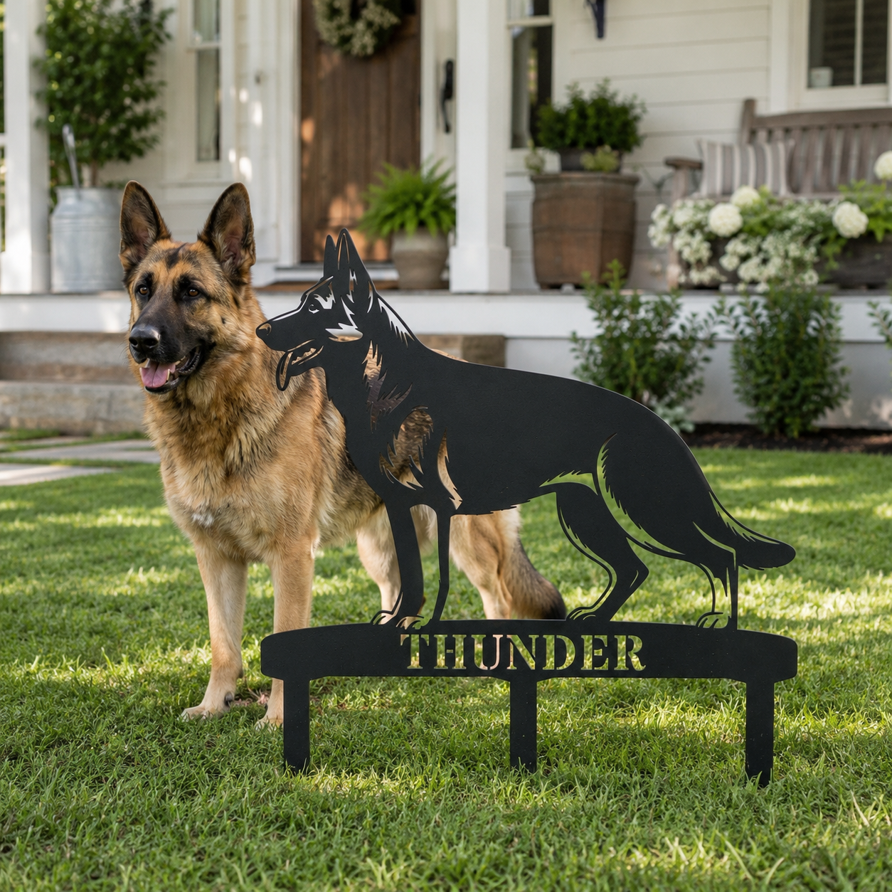 Personalized German Shepherd Garden Metal Sign With Stakes. Custom Dog Name Gift