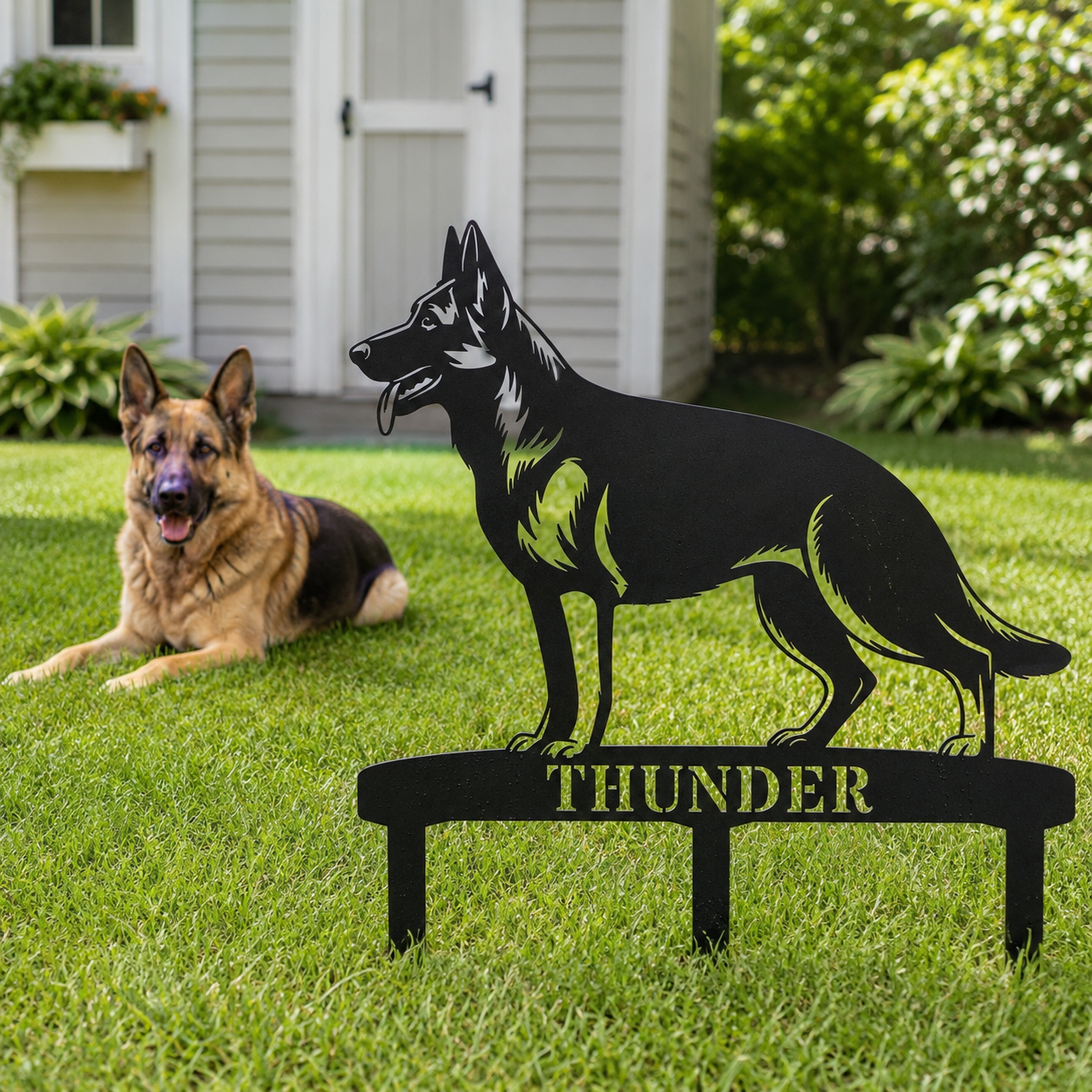 Personalized German Shepherd Garden Metal Sign With Stakes. Custom Dog Name Gift