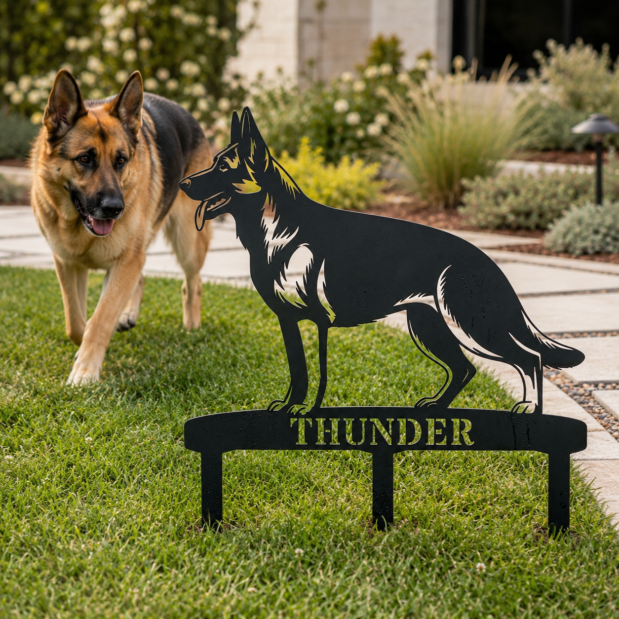 Personalized German Shepherd Garden Metal Sign With Stakes. Custom Dog Name Gift