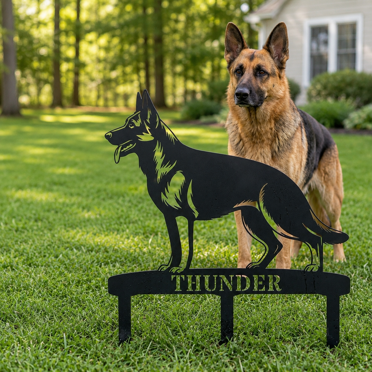 Personalized German Shepherd Garden Metal Sign With Stakes. Custom Dog Name Gift
