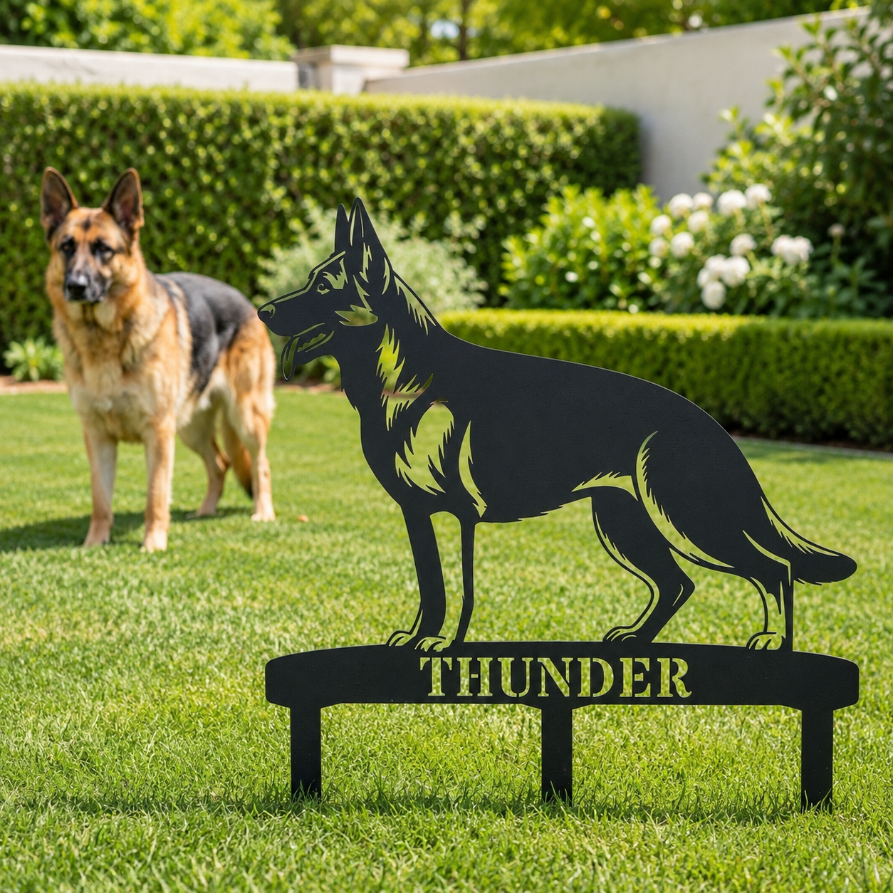 Personalized German Shepherd Garden Metal Sign With Stakes. Custom Dog Name Gift