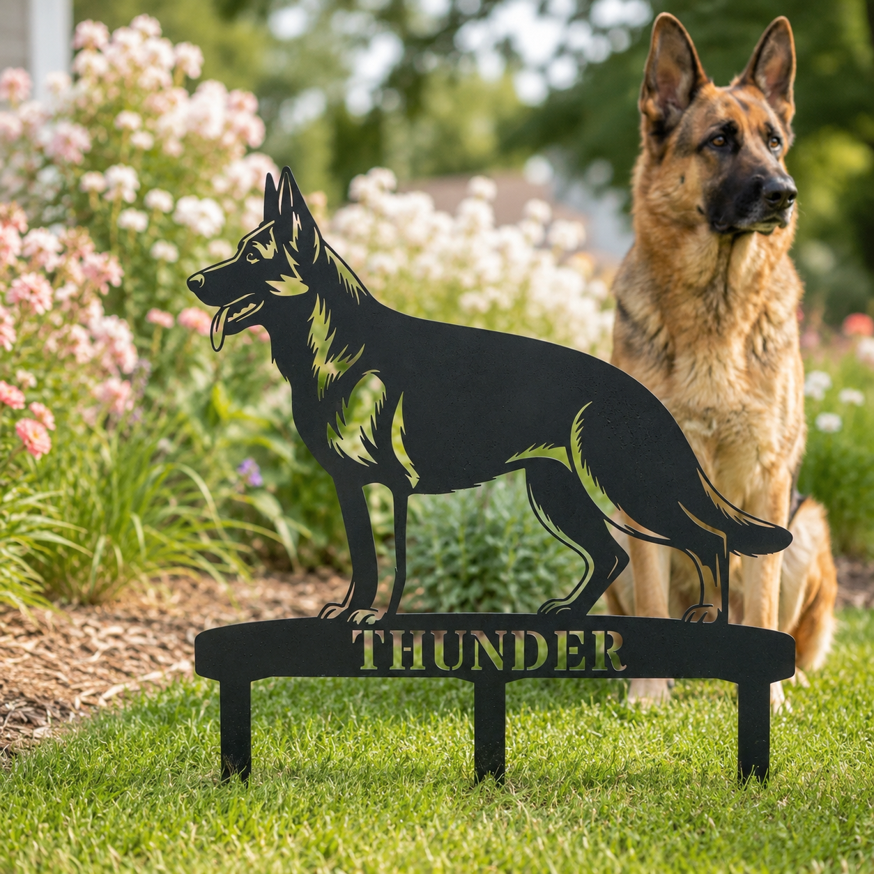 Personalized German Shepherd Garden Metal Sign With Stakes. Custom Dog Name Gift