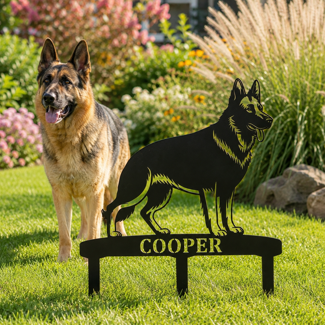 German Shepherd Personalized Garden Stakes Metal Sign Display. Custom Alsatian Name Decor