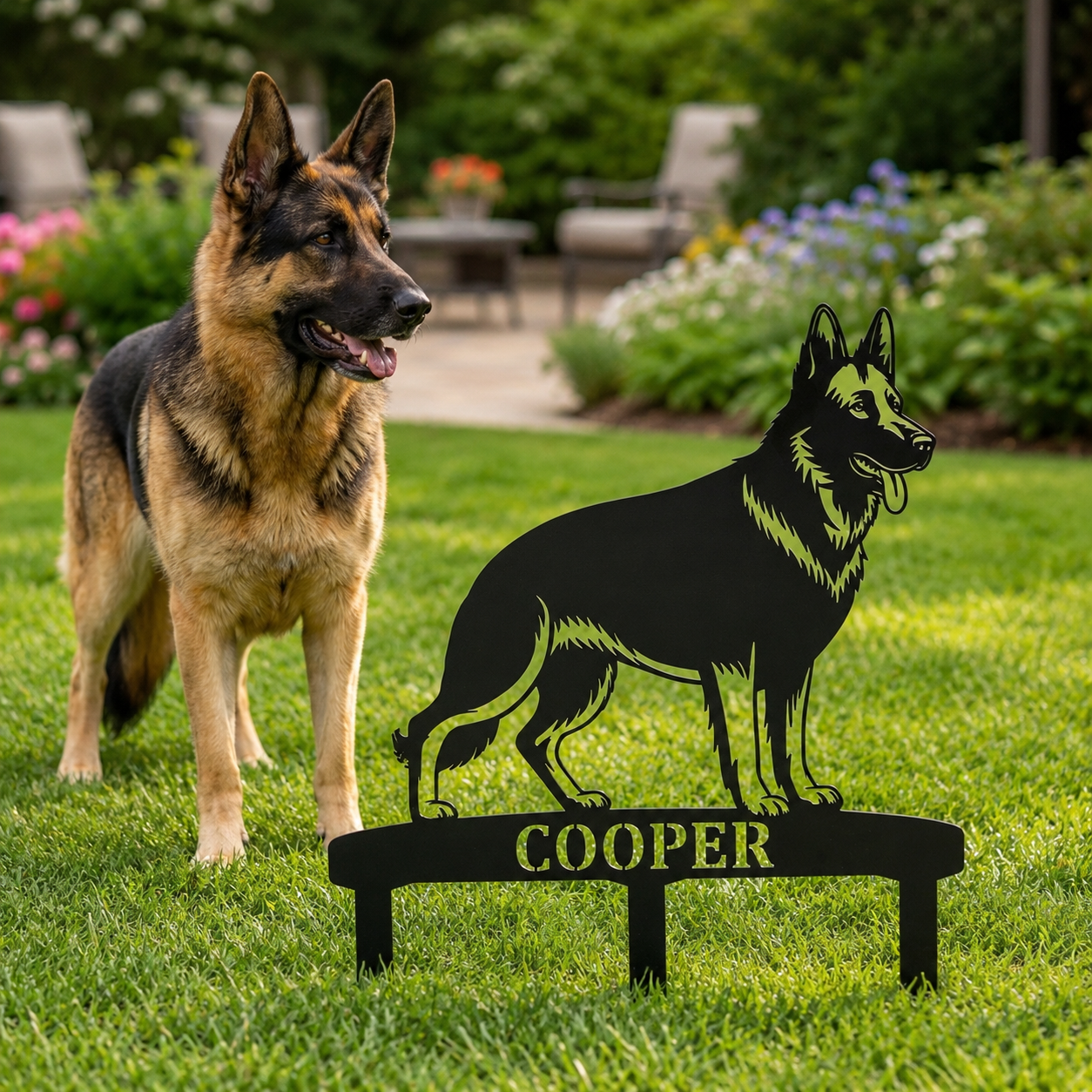 German Shepherd Personalized Garden Stakes Metal Sign Display. Custom Alsatian Name Decor