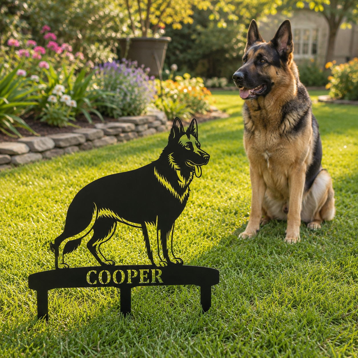 German Shepherd Personalized Garden Stakes Metal Sign Display. Custom Alsatian Name Decor