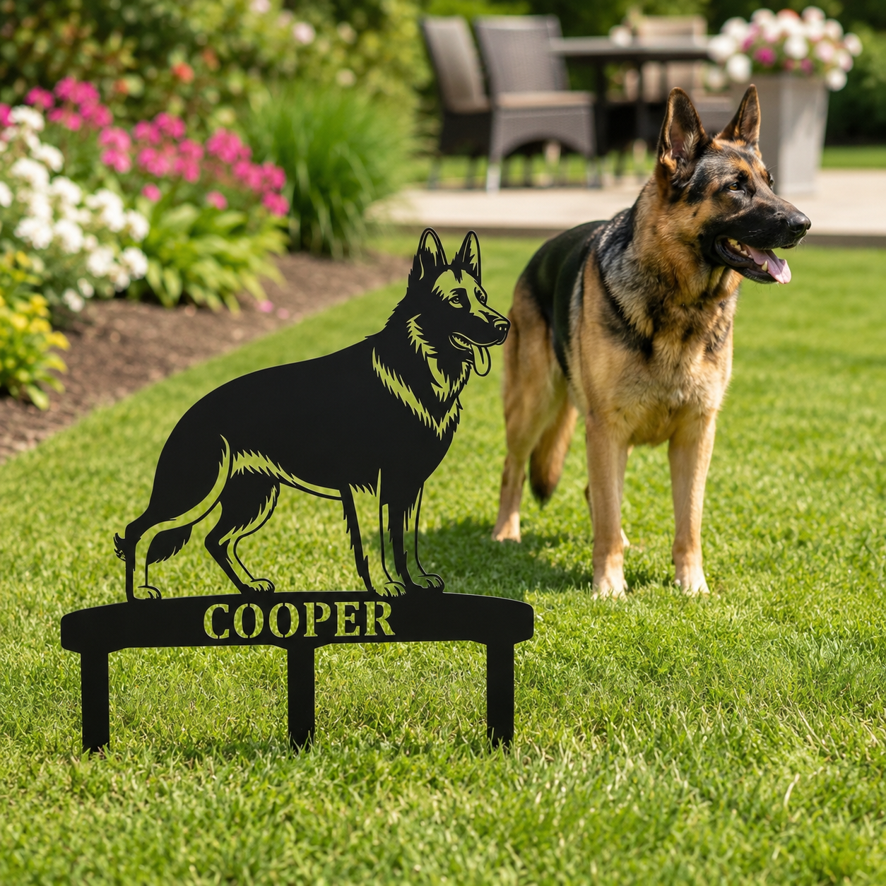 German Shepherd Personalized Garden Stakes Metal Sign Display. Custom Alsatian Name Decor