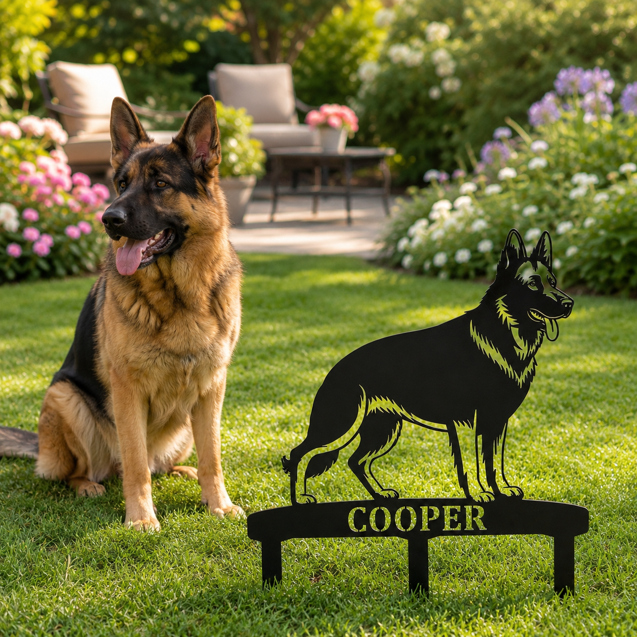 German Shepherd Personalized Garden Stakes Metal Sign Display. Custom Alsatian Name Decor