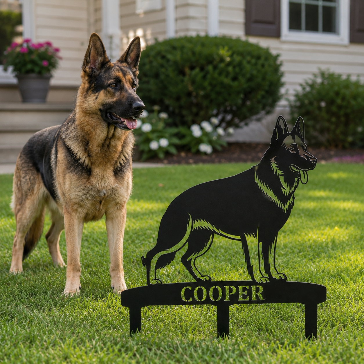 German Shepherd Personalized Garden Stakes Metal Sign Display. Custom Alsatian Name Decor