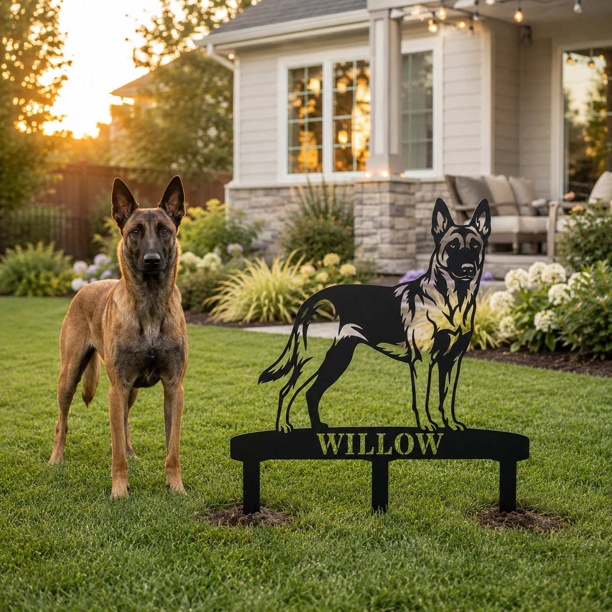 Personalized Belgian Malinois Garden Metal Sign With Stakes. Custom Dog Name Gift