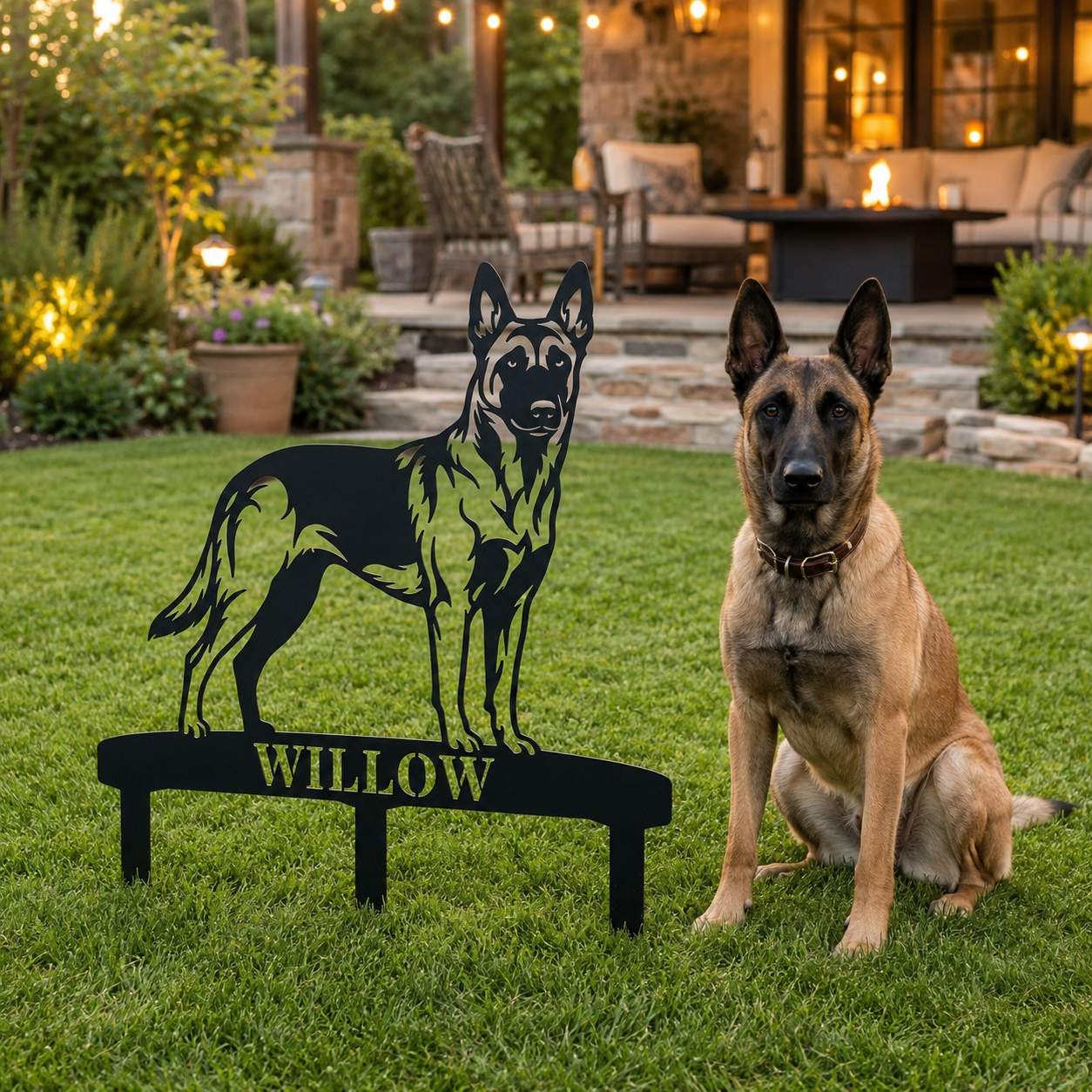 Personalized Belgian Malinois Garden Metal Sign With Stakes. Custom Dog Name Gift