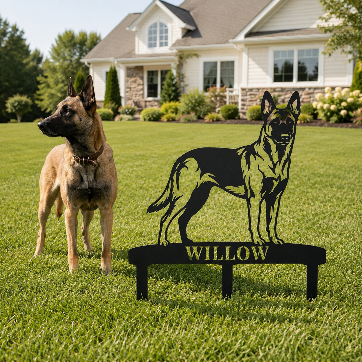 Personalized Belgian Malinois Garden Metal Sign With Stakes. Custom Dog Name Gift