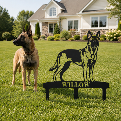 Personalized Belgian Malinois Garden Metal Sign With Stakes. Custom Dog Name Gift