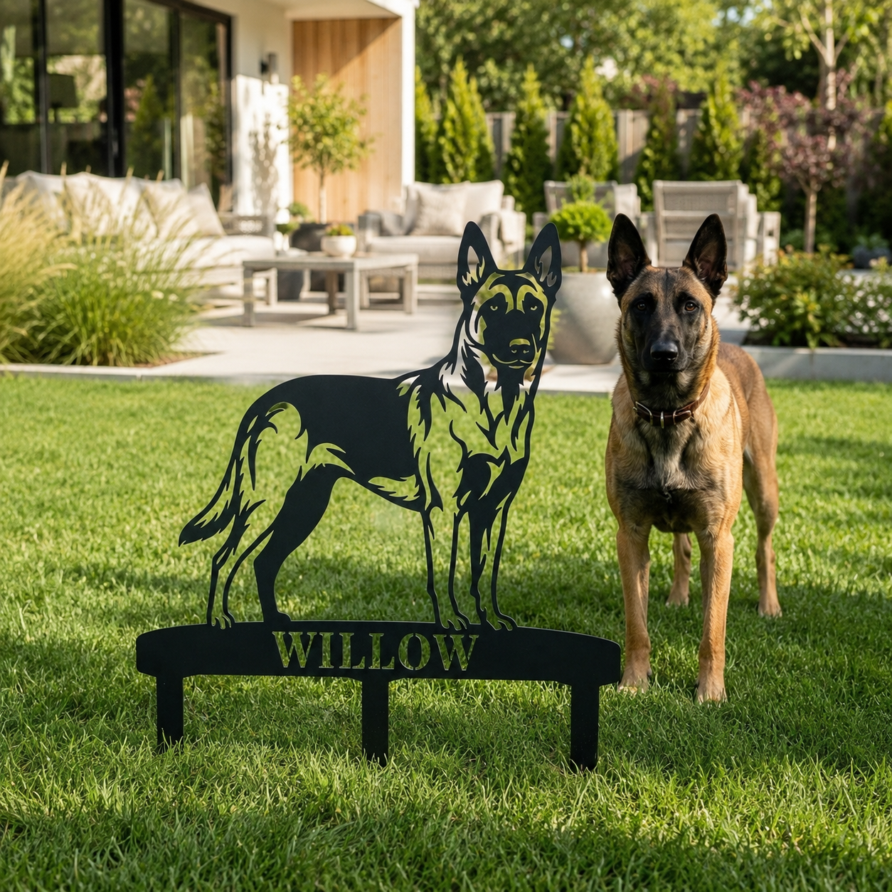 Personalized Belgian Malinois Garden Metal Sign With Stakes. Custom Dog Name Gift