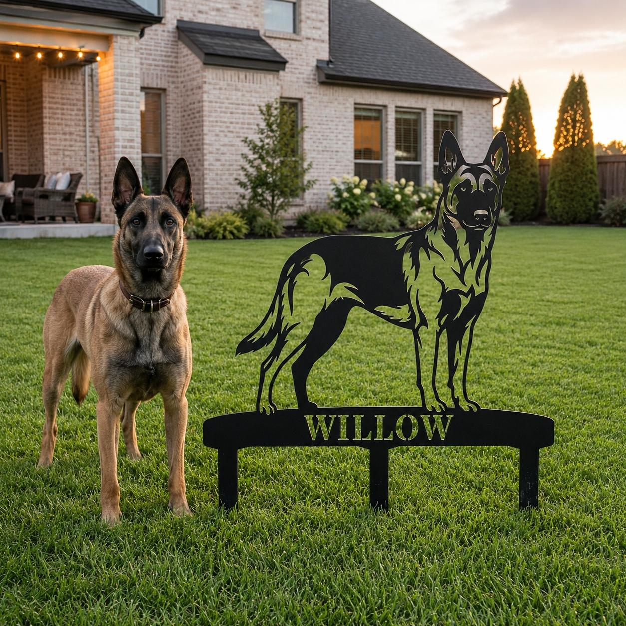 Personalized Belgian Malinois Garden Metal Sign With Stakes. Custom Dog Name Gift