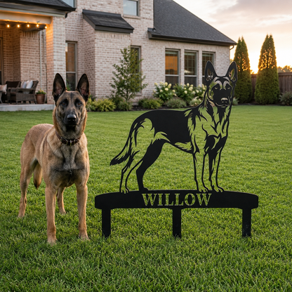 Personalized Belgian Malinois Garden Metal Sign With Stakes. Custom Dog Name Gift