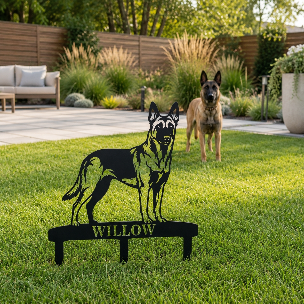 Personalized Belgian Malinois Garden Metal Sign With Stakes. Custom Dog Name Gift