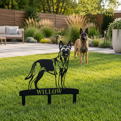 Personalized Belgian Malinois Garden Metal Sign With Stakes. Custom Dog Name Gift