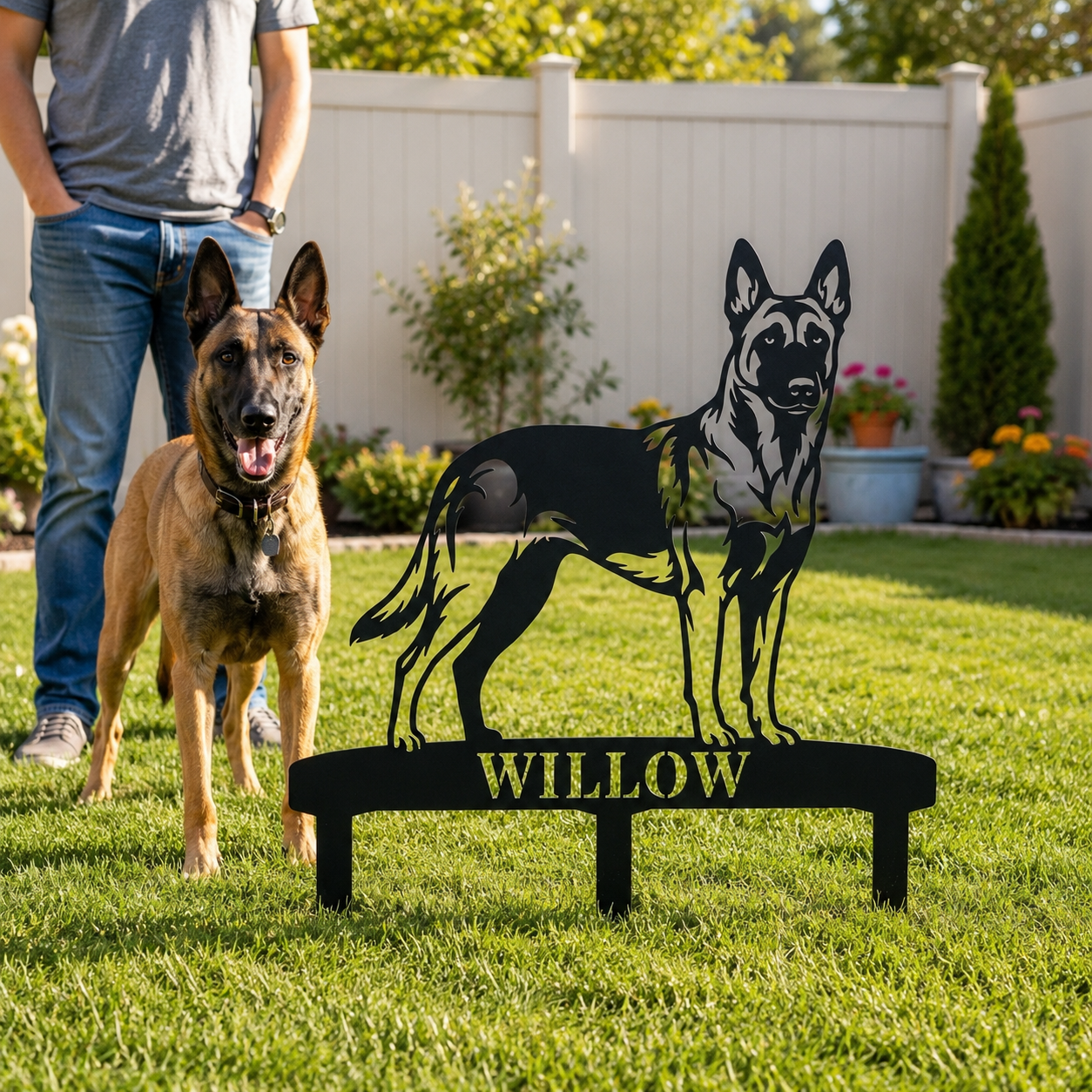 Personalized Belgian Malinois Garden Metal Sign With Stakes. Custom Dog Name Gift