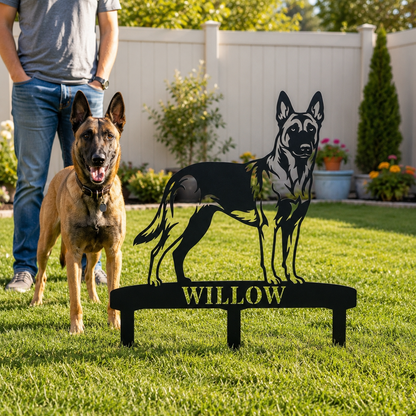 Personalized Belgian Malinois Garden Metal Sign With Stakes. Custom Dog Name Gift