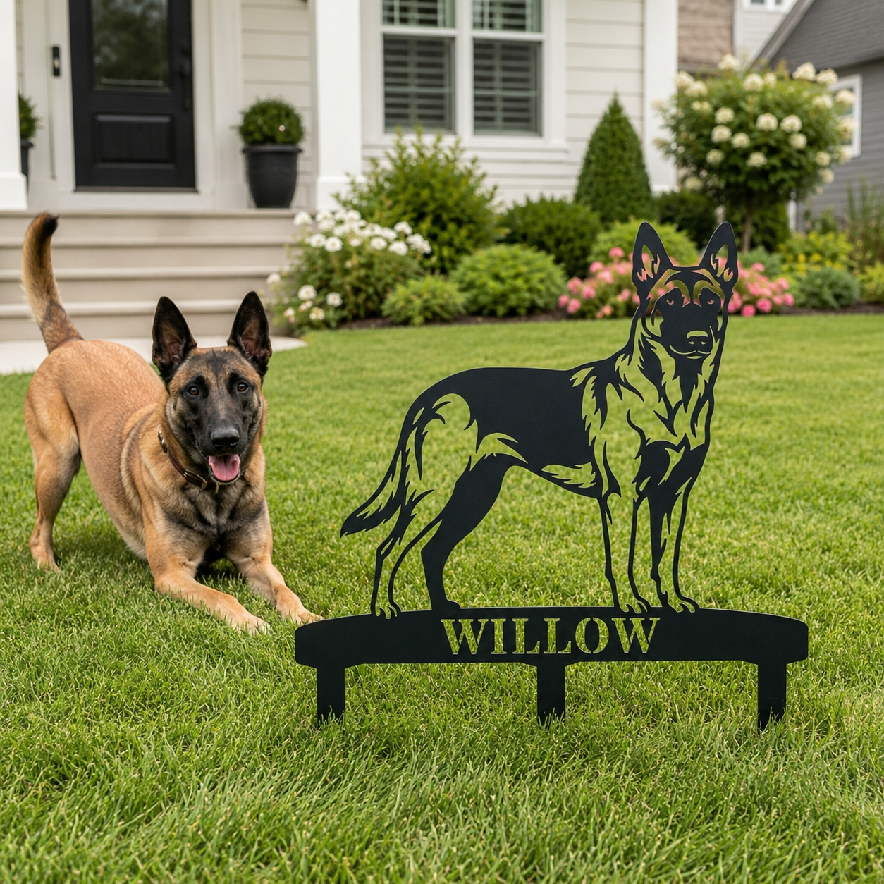 Personalized Belgian Malinois Garden Metal Sign With Stakes. Custom Dog Name Gift