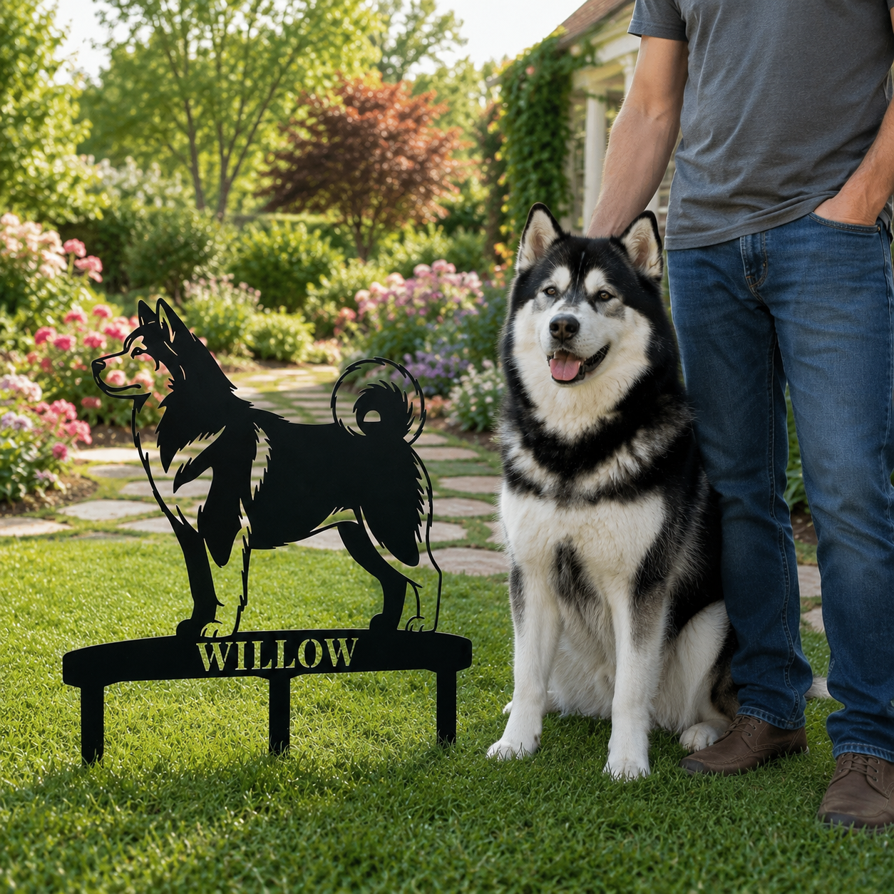 Personalized Alaskan Malamute Garden Metal Sign With Stakes. Custom Dog Name Gift