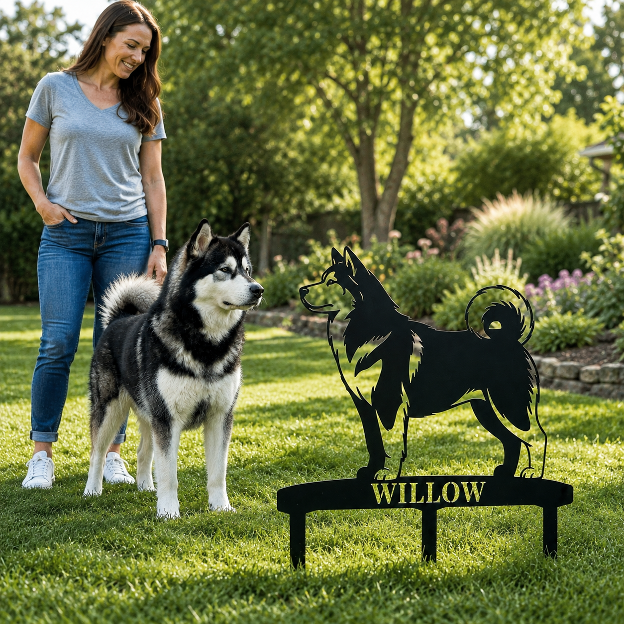 Personalized Alaskan Malamute Garden Metal Sign With Stakes. Custom Dog Name Gift