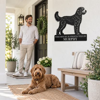 Personalized Doodle Guard Metal Sign. Custom Dog Name Wall Decor