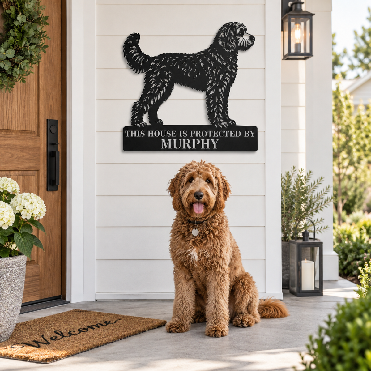 Personalized Doodle Guard Metal Sign. Custom Dog Name Wall Decor