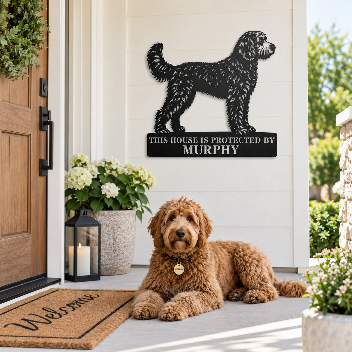 Personalized Doodle Guard Metal Sign. Custom Dog Name Wall Decor