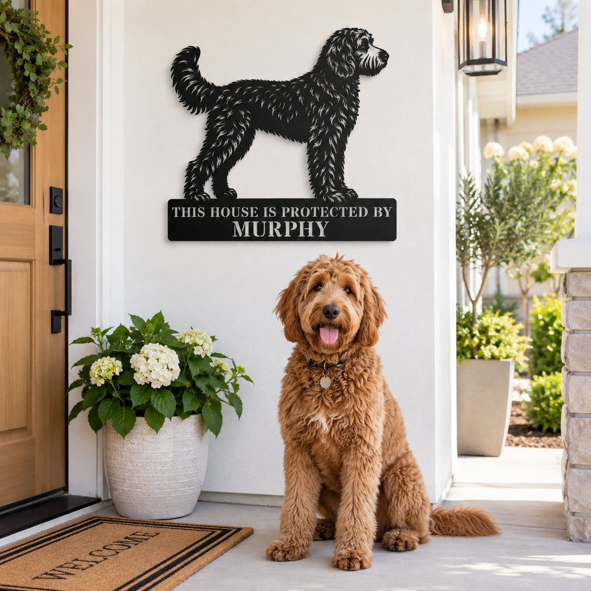 Personalized Doodle Guard Metal Sign. Custom Dog Name Wall Decor