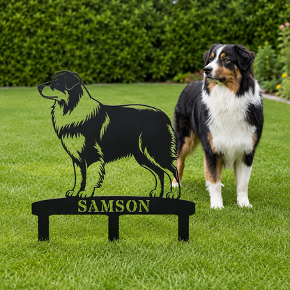 Personalized Australian Shepherd Garden Metal Sign With Stakes. Custom Dog Name Gift