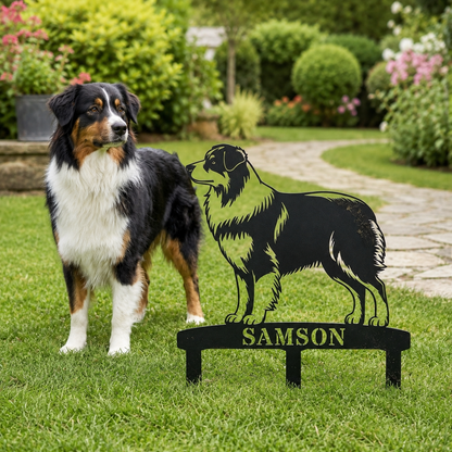 Personalized Australian Shepherd Garden Metal Sign With Stakes. Custom Dog Name Gift