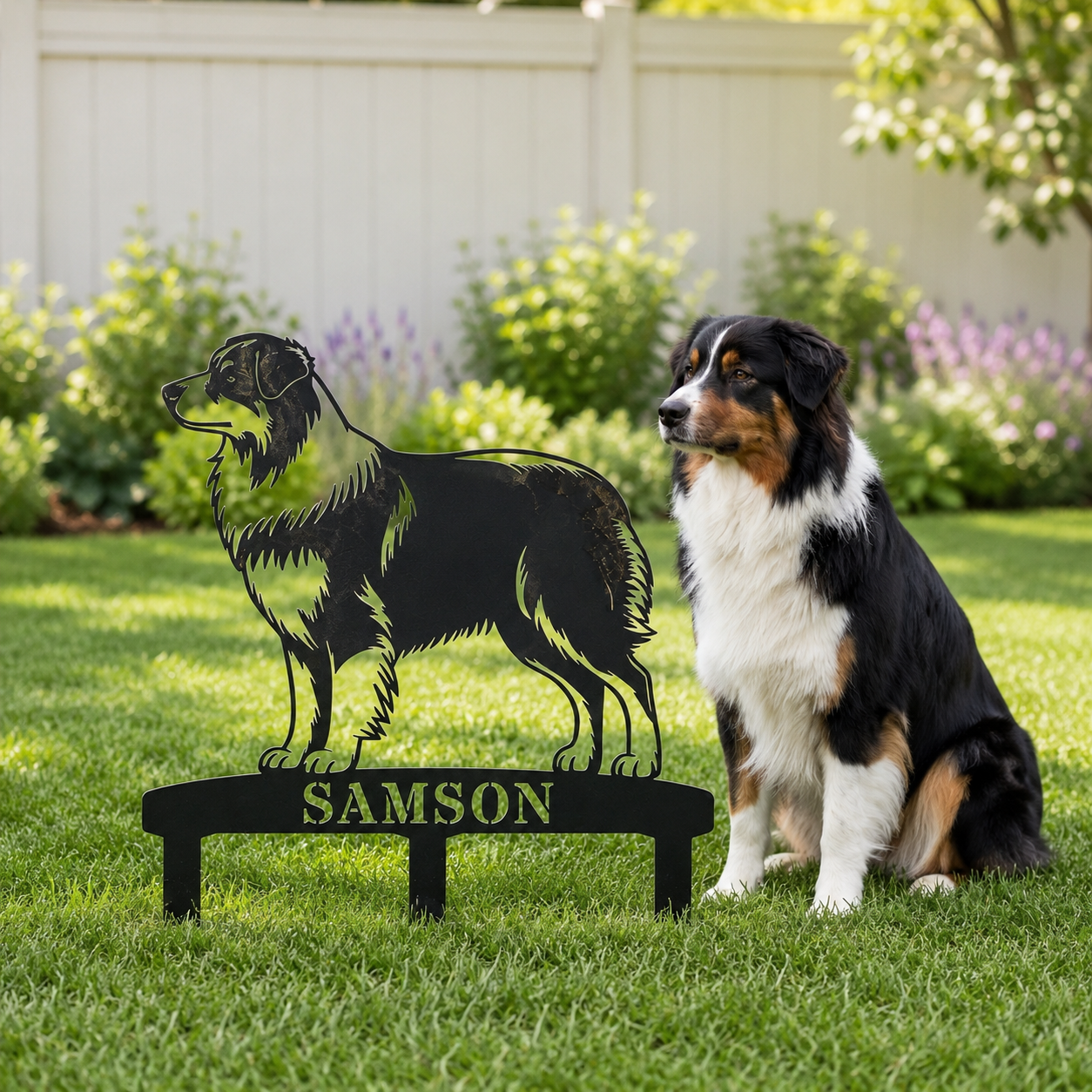 Personalized Australian Shepherd Garden Metal Sign With Stakes. Custom Dog Name Gift