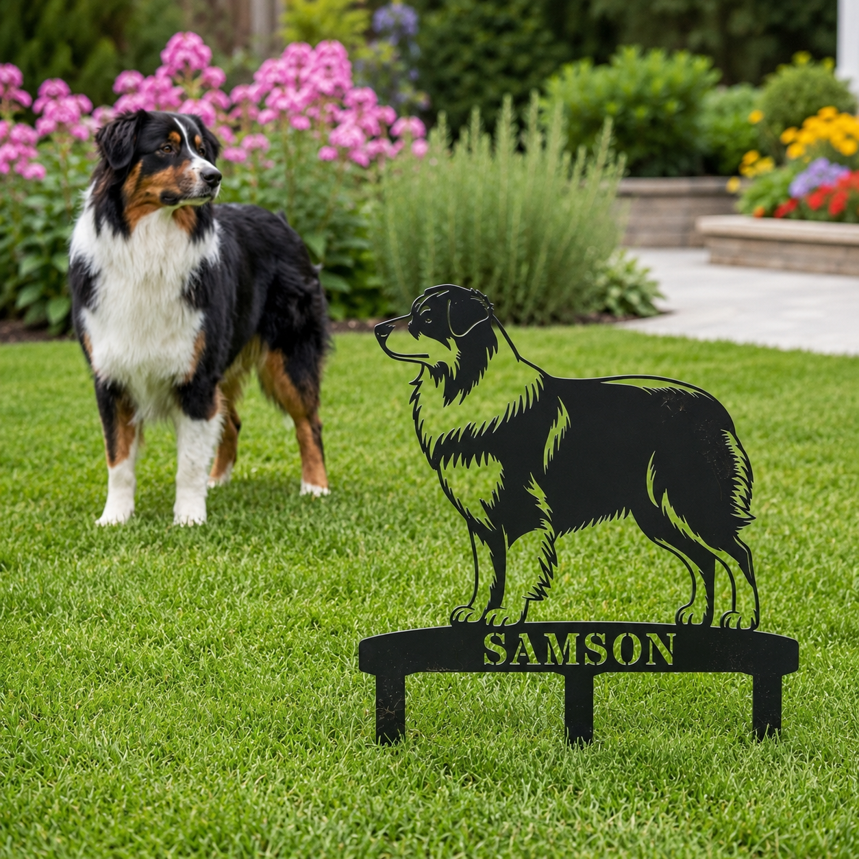 Personalized Australian Shepherd Garden Metal Sign With Stakes. Custom Dog Name Gift