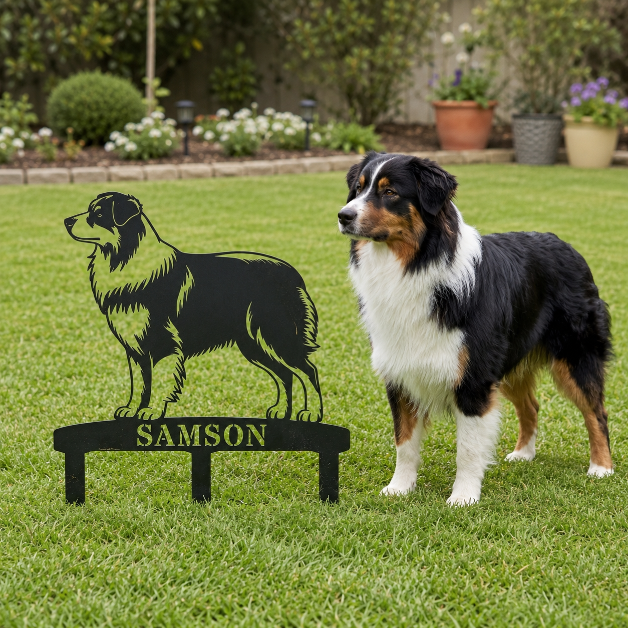 Personalized Australian Shepherd Garden Metal Sign With Stakes. Custom Dog Name Gift