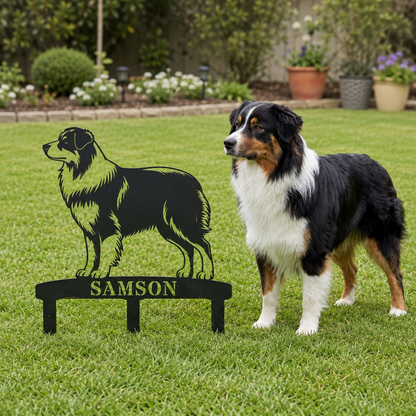 Personalized Australian Shepherd Garden Metal Sign With Stakes. Custom Dog Name Gift