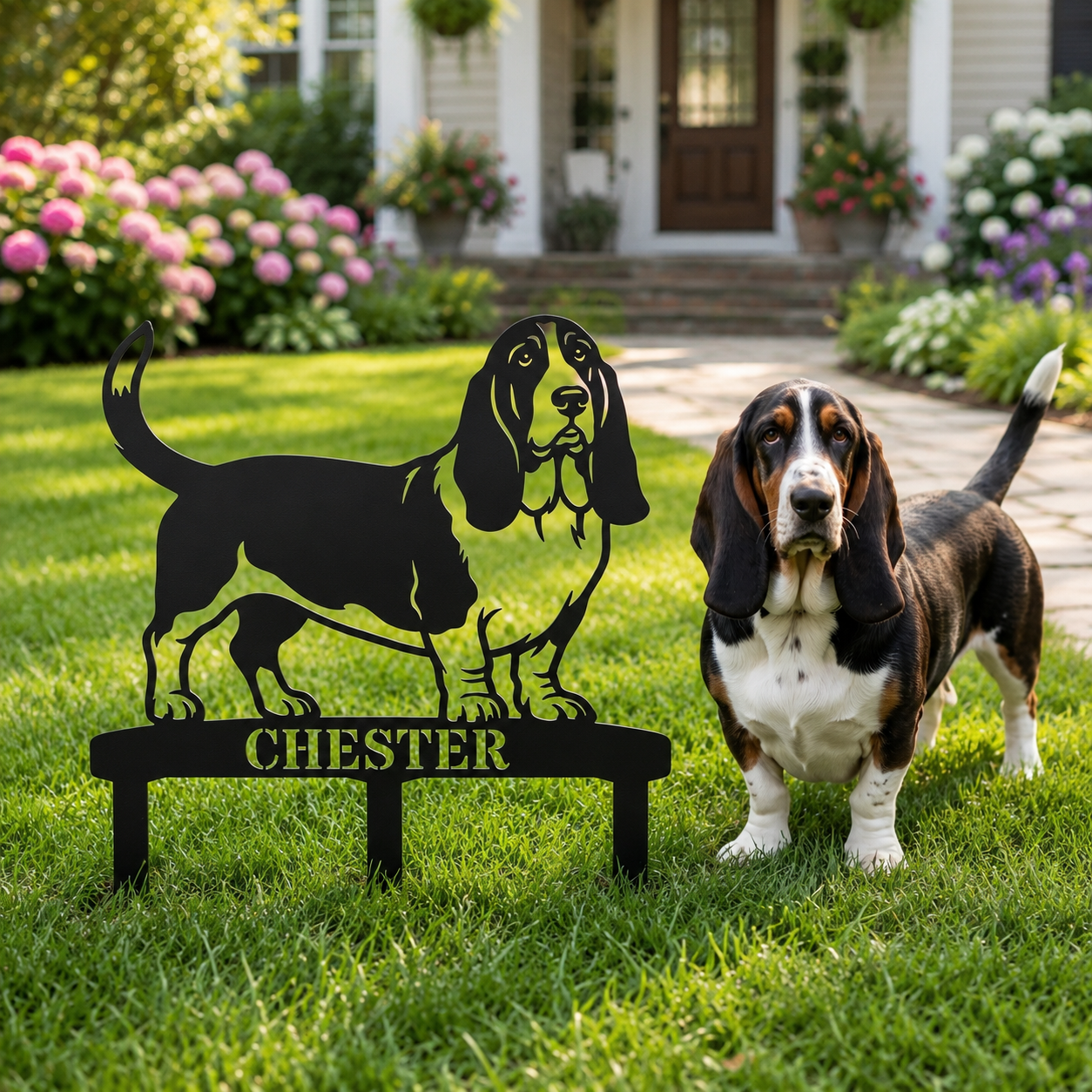 Personalized Basset Hound Garden Metal Sign With Stakes. Custom Dog Plaque Name Gift