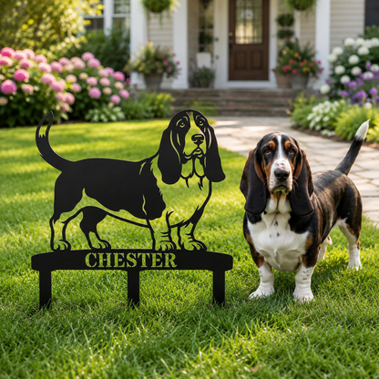 Personalized Basset Hound Garden Metal Sign With Stakes. Custom Dog Plaque Name Gift