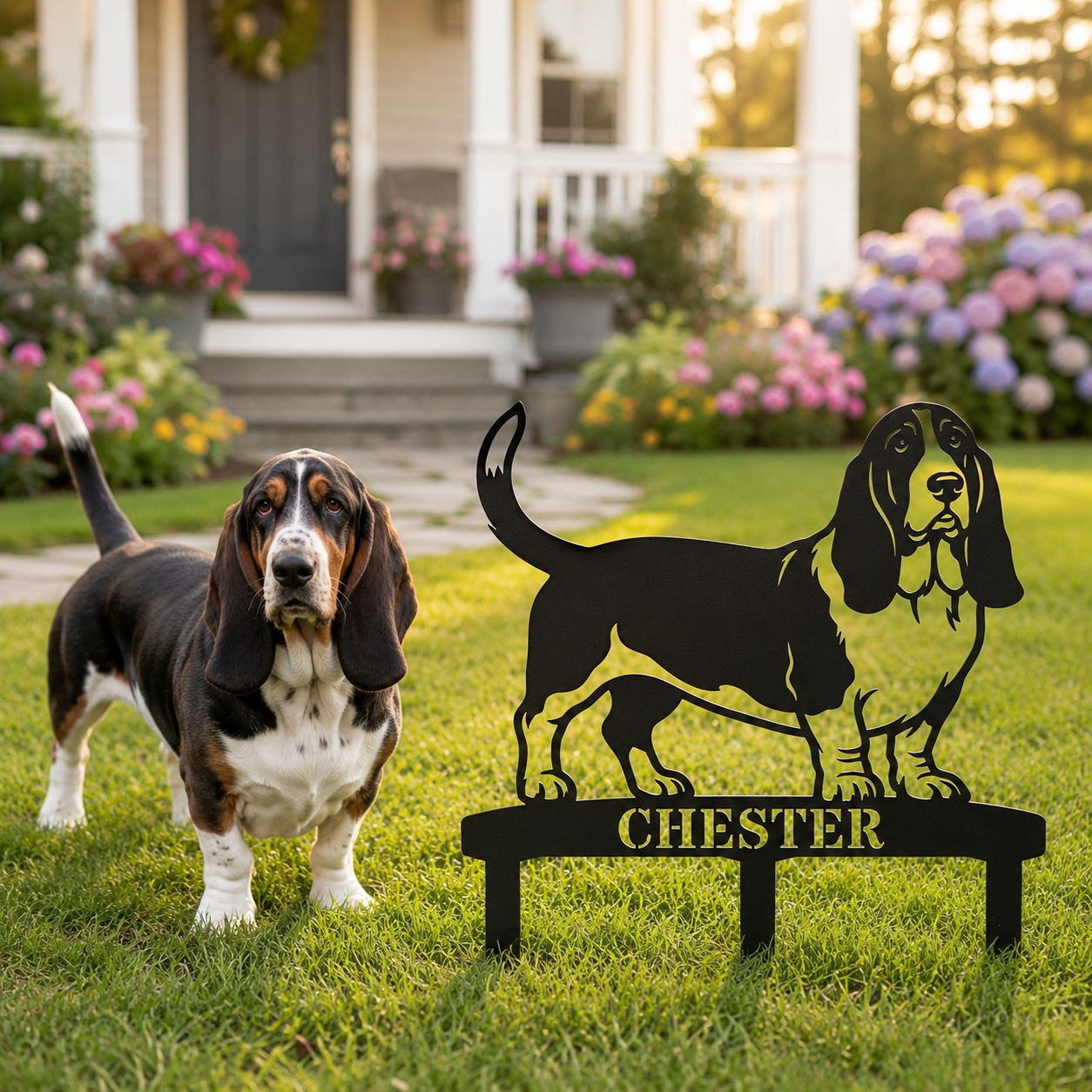 Personalized Basset Hound Garden Metal Sign With Stakes. Custom Dog Plaque Name Gift