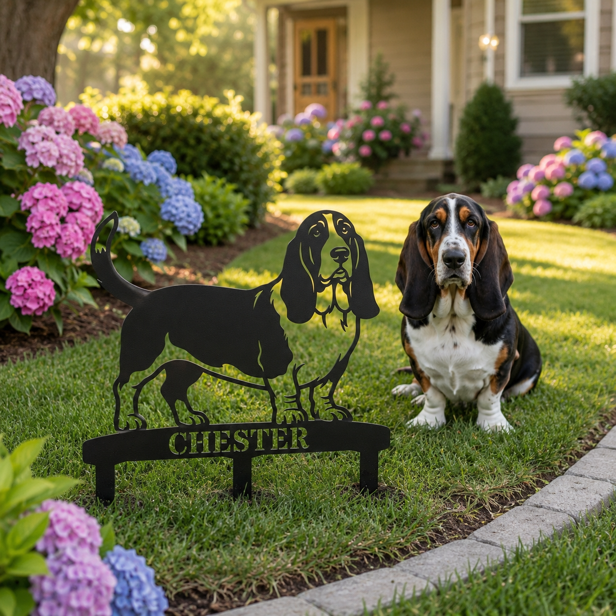 Personalized Basset Hound Garden Metal Sign With Stakes. Custom Dog Plaque Name Gift