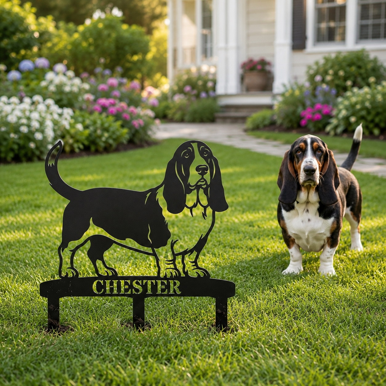 Personalized Basset Hound Garden Metal Sign With Stakes. Custom Dog Plaque Name Gift