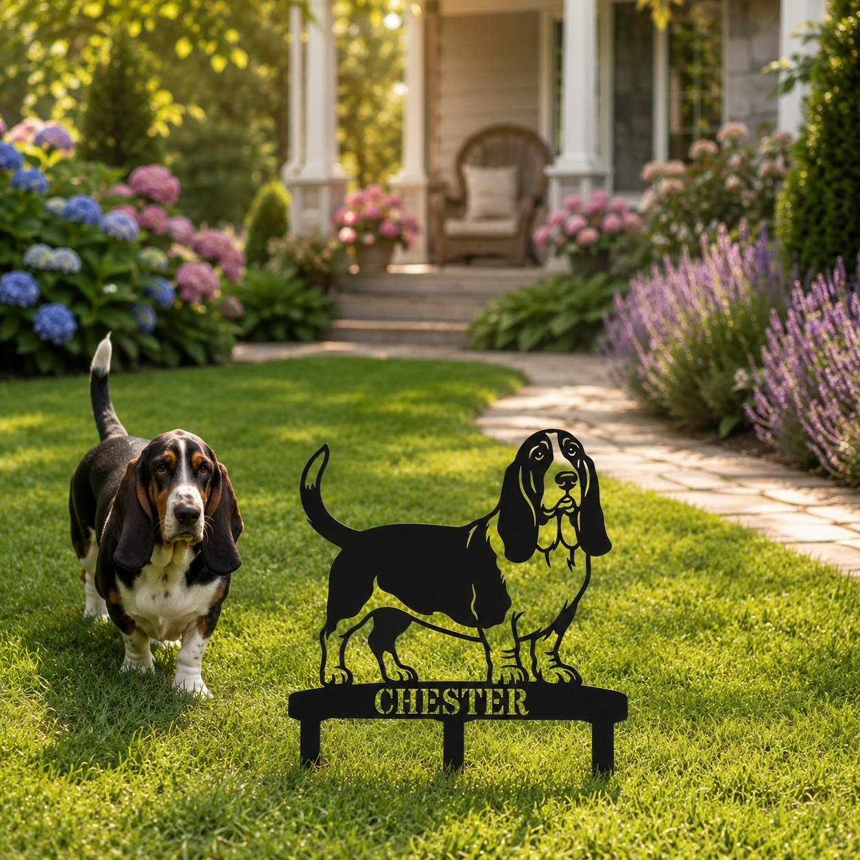 Personalized Basset Hound Garden Metal Sign With Stakes. Custom Dog Plaque Name Gift